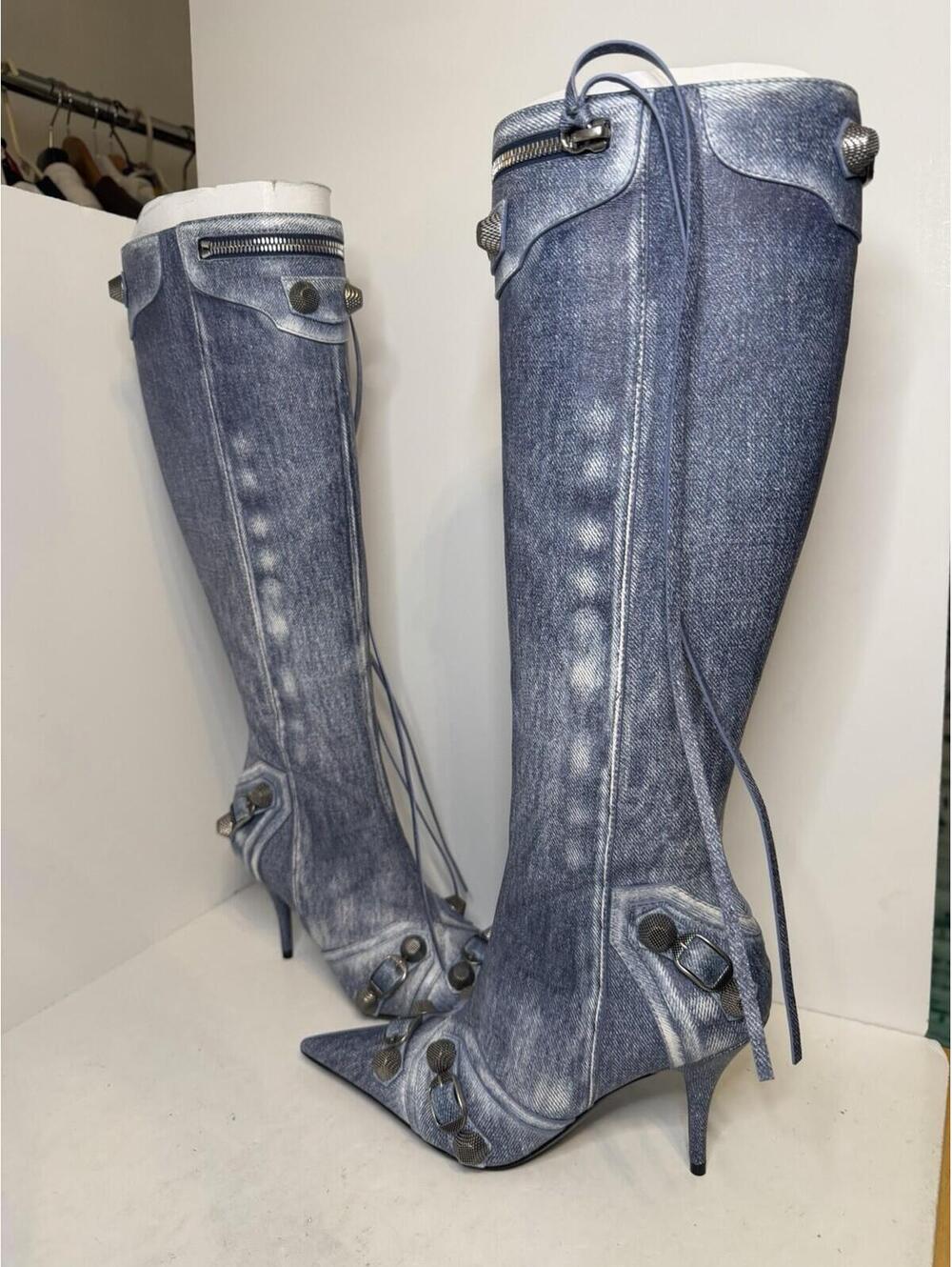 Balenciaga Cagole Denim Printed Nappa Knee Boots Blue EU36 US6 Heels